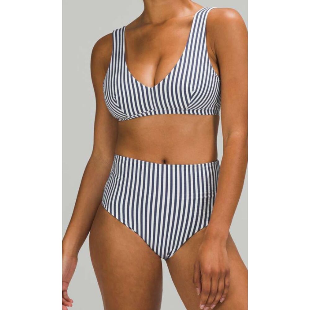 Lululemon Waterside V Seersucker Bikini Swim Set Energize Stripe White Blue Hail